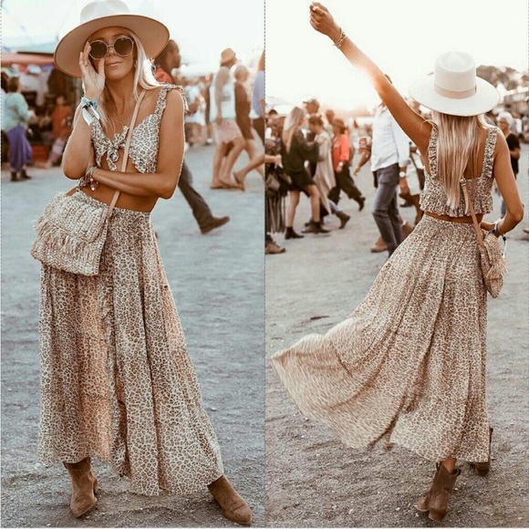 Spell Frankie Peasant Skirt Cheetah Print Boho Maxi Beige Small EUC - Picture 11 of 11